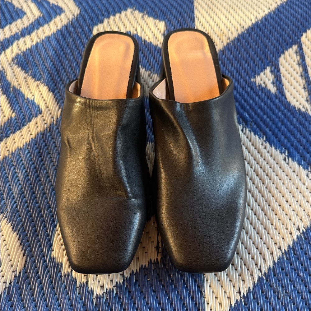 NWOT Size 8 Women Black Chunky Heel Mules Closed Toe Square Toe Slip On Shoes - Picture 5 of 14